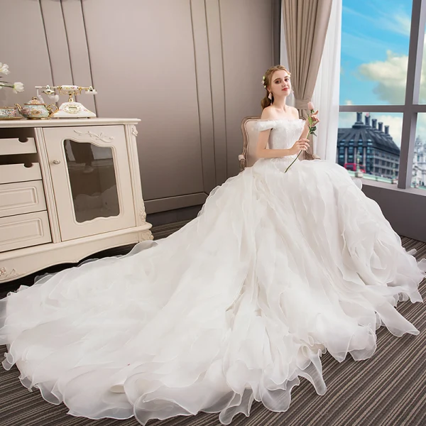 Elegant Ivory Wedding Dresses 2018 Ball Gown Lace Cascading Ruffles Off-The-Shoulder Backless Sleeveless Royal Train Wedding
