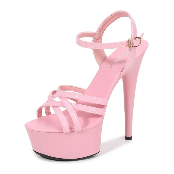 Chic / Beautiful Black Rave Club Womens Sandals 2020 Ankle Strap 15 cm Stiletto Heels Open / Peep Toe Sandals