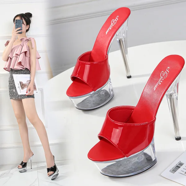 Sexy Black Rave Club Womens Sandals 2020 Patent Leather 15 cm Stiletto Heels Open / Peep Toe Sandals