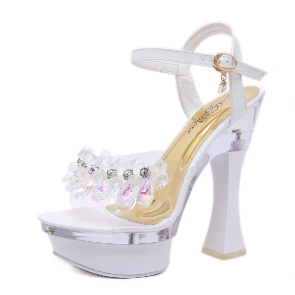 Schöne Weiß Garten / Im Freien Sandalen Damen 2020 Kristall Strass Knöchelriemen 14 cm Thick Heels Peeptoes Sandaletten