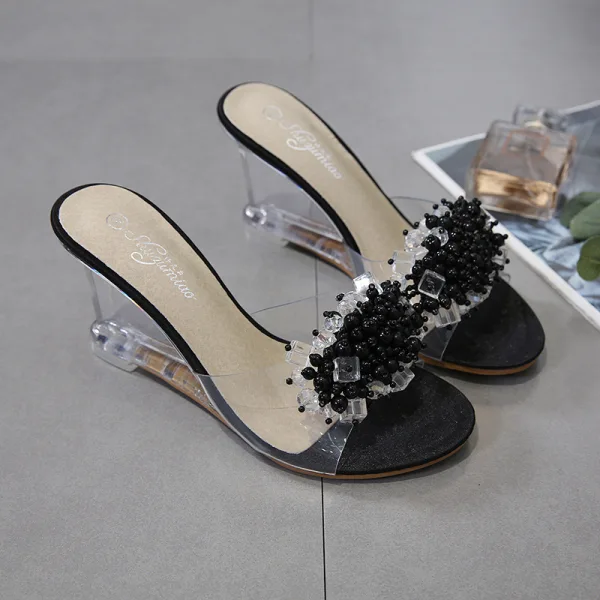Chic / Beautiful Gold Casual Rhinestone Womens Sandals 2020 8 cm Wedges Open / Peep Toe Sandals
