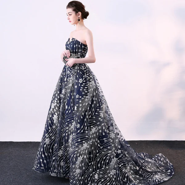 Glitzernden Marineblau Festliche Kleider 2018 Ballkleid Glanz Pailletten Bandeau Rückenfreies Ärmellos Hof-Schleppe Abendkleider