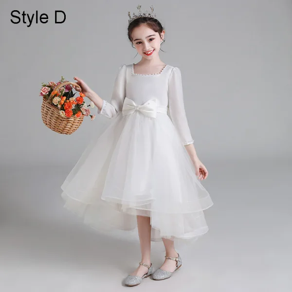Chic / Beautiful Ivory Wedding Flower Girl Dresses 2021 A-Line / Princess Square Neckline Pearl Bow Short Sleeve Floor-Length / Long Wedding Party Dresses