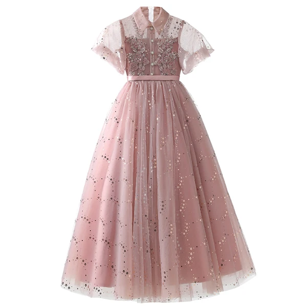 Elegant Blushing Pink Birthday Flower Girl Dresses 2021 A-Line / Princess High Neck Beading Sequins Lace Flower Short Sleeve Sash Floor-Length / Long