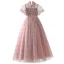 Elegant Blushing Pink Birthday Flower Girl Dresses 2021 A-Line / Princess High Neck Beading Sequins Lace Flower Short Sleeve Sash Floor-Length / Long