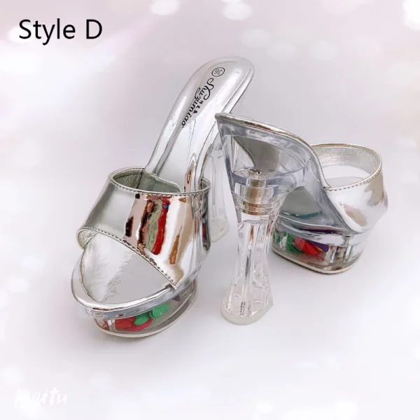 Schöne Silber Freizeit Sandalen Damen 2020 14 cm Thick Heels Peeptoes Sandaletten
