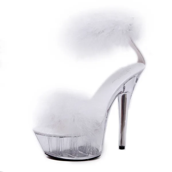 Sexy Weiß Kreuzfahrtschiff Feder Sandalen Damen 2020 Knöchelriemen 15 cm Stilettos Peeptoes Sandaletten