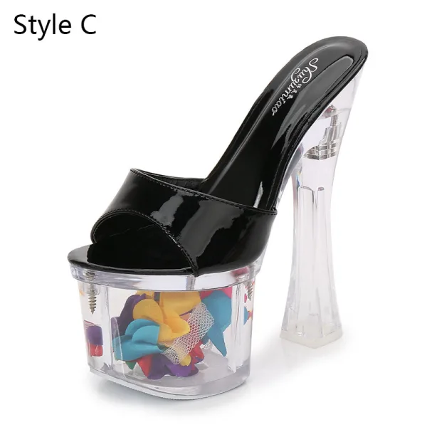 Sexy Black Street Wear Womens Sandals 2020 18 cm Thick Heels Open / Peep Toe Sandals