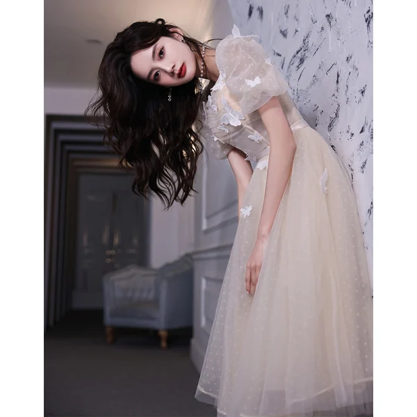 Fashion Champagne Homecoming Lace Butterfly Graduation Dresses 2021 A-Line / Princess Square Neckline Short Sleeve Tea-length Formal Dresses