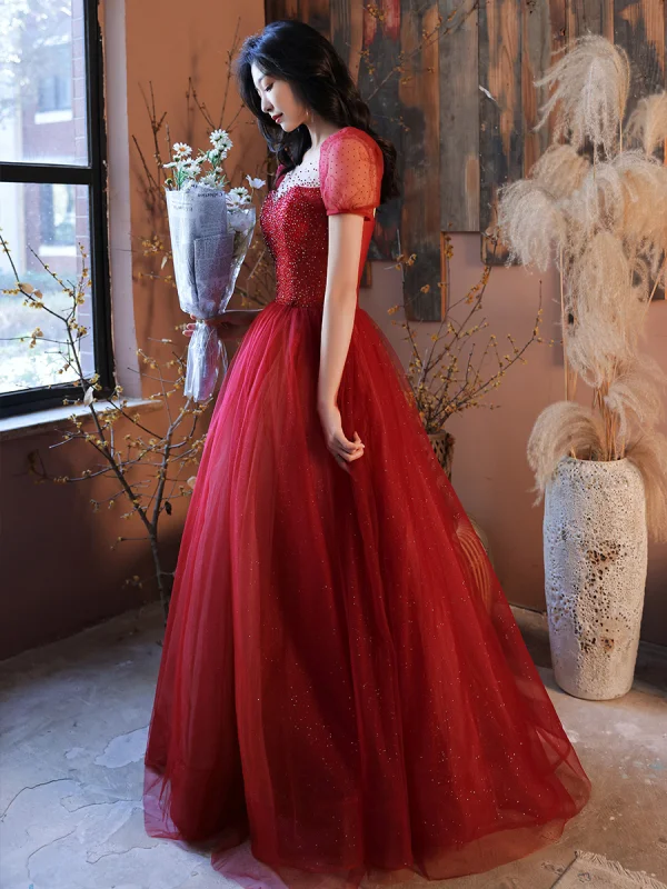 Mode Rouge Robe De Bal 2021 Princesse Encolure Dégagée Perlage Cristal Paillettes Manches Courtes Dos Nu Longue Promo Robe De Ceremonie