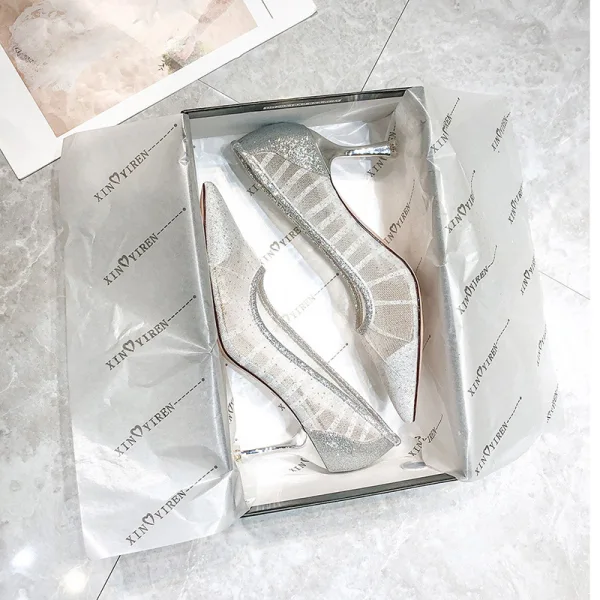 Charmant Argenté Soirée Escarpins 2020 Cuir Glitter Paillettes 7 cm Talons Aiguilles À Bout Pointu Escarpins
