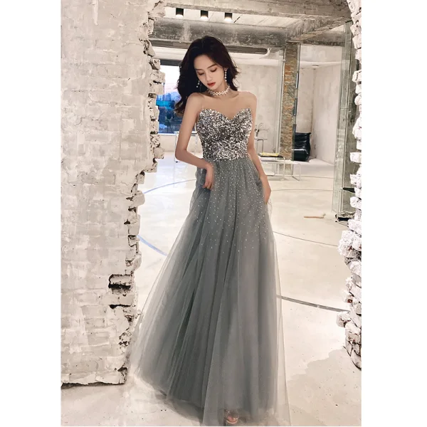 Glitzernden Sexy Silber Glanz Pailletten Abendkleider 2021 A Linie Bandeau Ärmellos Rückenfreies Lange Festliche Kleider