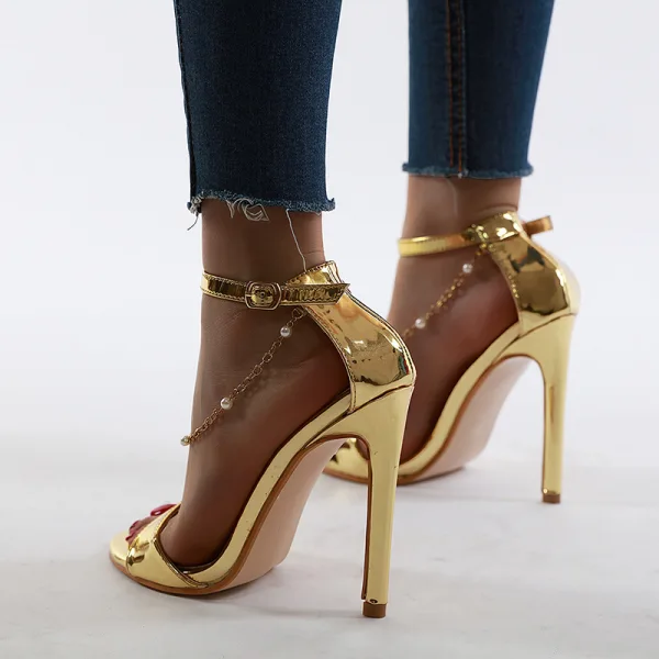 Chic / Beautiful Gold Street Wear Womens Sandals 2020 Ankle Strap 12 cm Stiletto Heels Open / Peep Toe Sandals