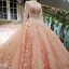 Lyx Pärla Rosa Bröllopsklänningar 2018 Balklänning Spets Blomma Appliqués Beading Rhinestone Urringning Långärmad Cathedral Train Bröllop