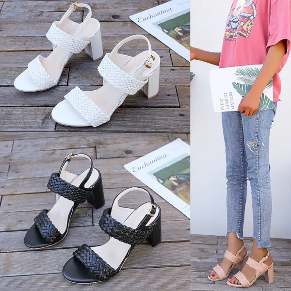 Modest / Simple Ivory Street Wear Womens Sandals 2020 8 cm Thick Heels Open / Peep Toe Sandals