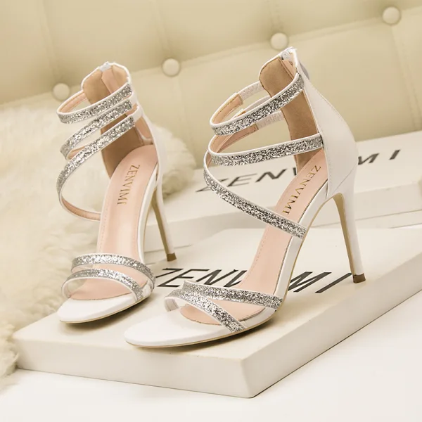Fashion White Evening Party Womens Sandals 2020 Sequins Ankle Strap 10 cm Stiletto Heels Open / Peep Toe Sandals