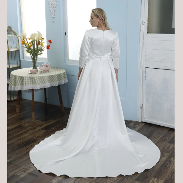 Schlicht Ivory / Creme Satin Plus Größe Brautkleider / Hochzeitskleider 2021 A Linie Eckiger Ausschnitt 3/4 Ärmel Hof-Schleppe Hochzeit