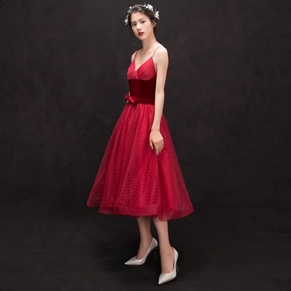Lovely Burgundy Homecoming Graduation Dresses 2018 A-Line / Princess Suede Bow Spaghetti Straps Backless Sleeveless Tea-length Formal Dresses