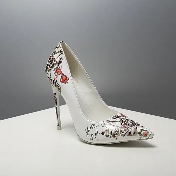 Fashion White Street Wear Pumps 2020 Doodle Cartoon 12 cm Stiletto Heels Pointed Toe Pumps