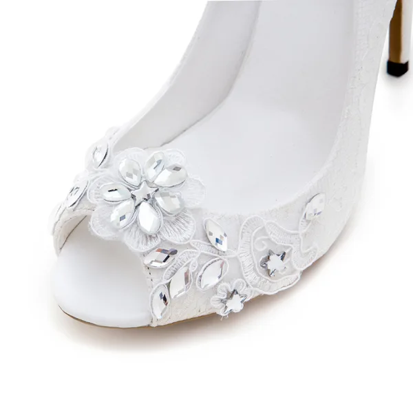 Charming White Wedding Shoes 2020 Rhinestone Lace Flower 12 cm Stiletto Heels Open / Peep Toe Wedding Pumps