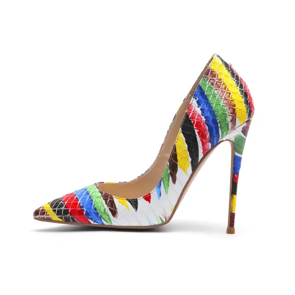 Mode Multifarben Strassenmode Gestreift Gekritzel Pumps 2020 12 cm Stilettos Spitzschuh Pumps