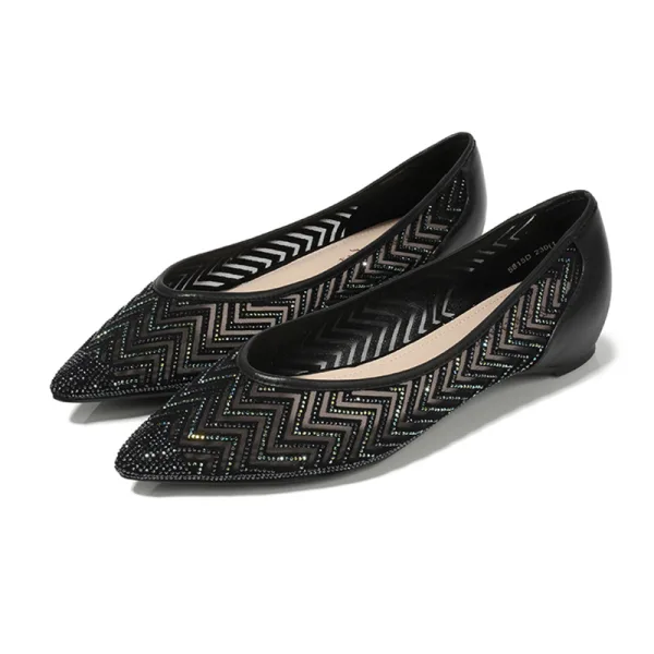 Chic / Belle Noire Désinvolte Plat Chaussures Femmes 2020 Cuir Faux Diamant À Bout Pointu