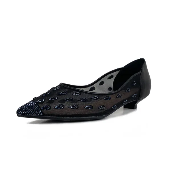 Charming Beige Street Wear Leather Pumps 2020 Pierced Rhinestone 3 cm Stiletto Heels Pointed Toe Low Heel Pumps