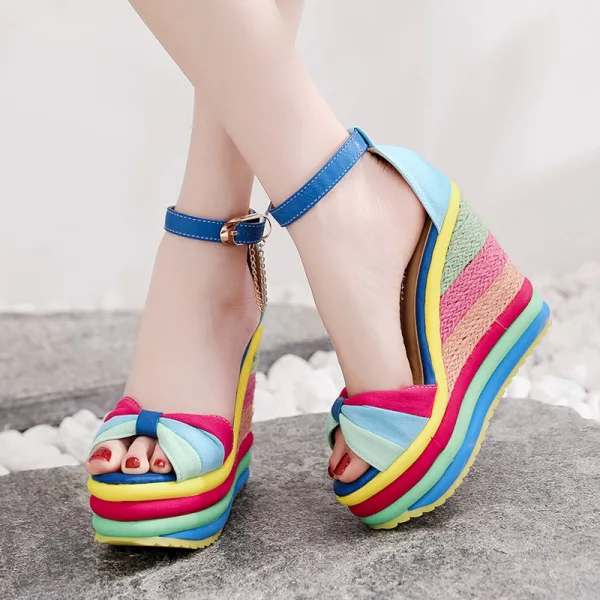 Fashion Casual Braid Rainbow Womens Sandals 2020 Ankle Strap 13 cm Wedges Open / Peep Toe Sandals