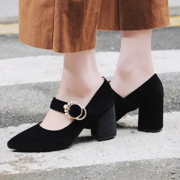 Vintage / Retro Burgundy Suede Bridesmaid Pumps 2020 Pearl Buckle 7 cm Thick Heels Pointed Toe Pumps
