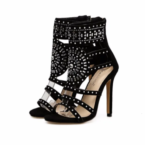 Roman Black Street Wear Suede Pierced Womens Sandals 2020 Rhinestone 11 cm Stiletto Heels Open / Peep Toe Sandals