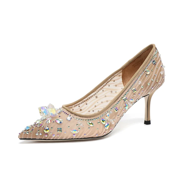 Charmant Beige Abend Spitze Pumps 2020 Strass 7 cm Stilettos Spitzschuh Pumps