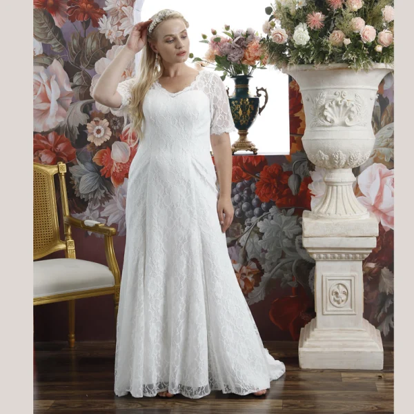 Chic / Beautiful Ivory Lace Flower Plus Size Wedding Dresses 2021 Trumpet / Mermaid V-Neck Short Sleeve Floor-Length / Long Wedding