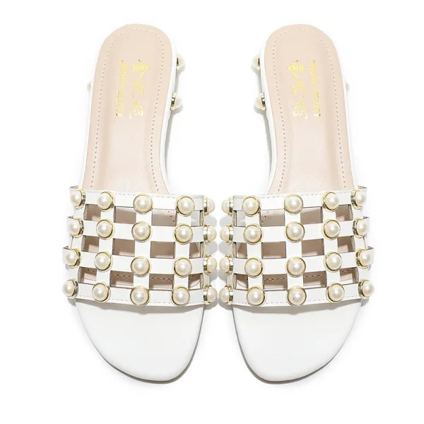Mooie / Prachtige Zwarte Toevallig Platte Pantoffel & Slippers 2020 Parel Peep Toe Damesschoenen