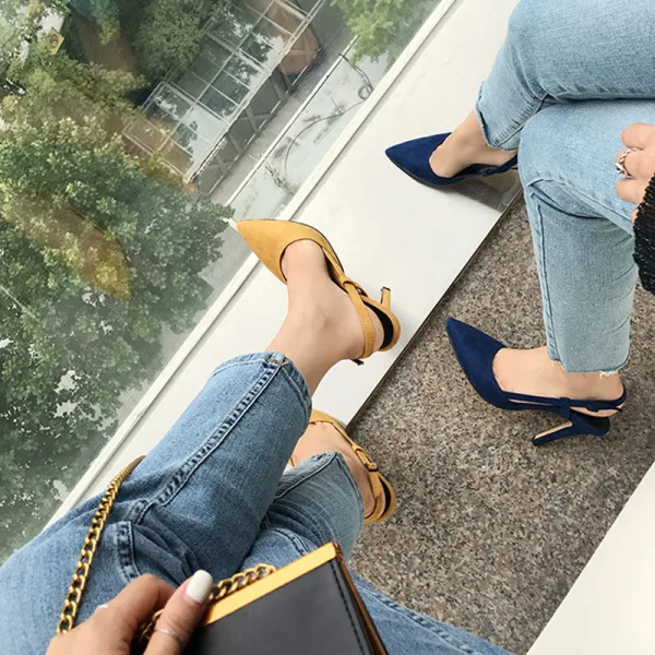 Schlicht Beige Büro OL Slingpumps Sandalen Damen 2020 Wildleder 10 cm Stilettos Spitzschuh Sandaletten