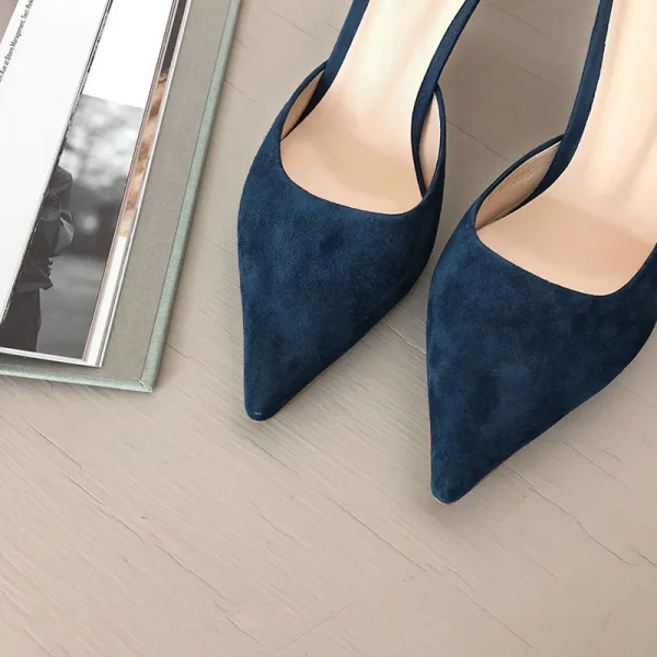 Modest / Simple Navy Blue Street Wear Suede Womens Sandals 2020 8 cm Stiletto Heels Pointed Toe Sandals