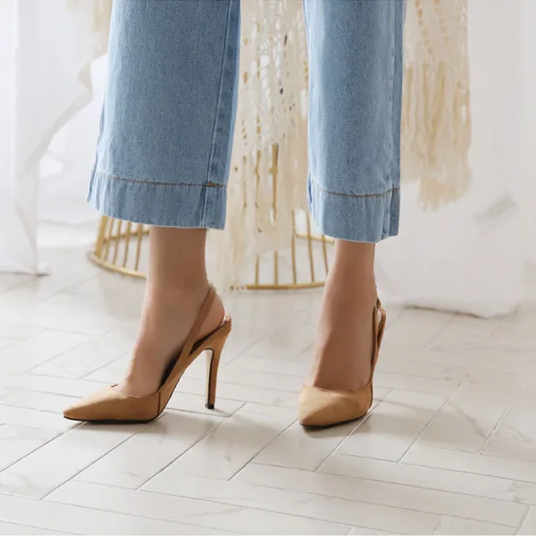 Simple Orange Désinvolte Été Slingbacks Sandales Femme 2020 Daim 10 cm Talons Aiguilles À Bout Pointu Sandales