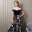 Colored Navy Blue Evening Dresses  2018 A-Line / Princess Suede Printing Off-The-Shoulder Sleeveless Backless Floor-Length / Long Formal Dresses