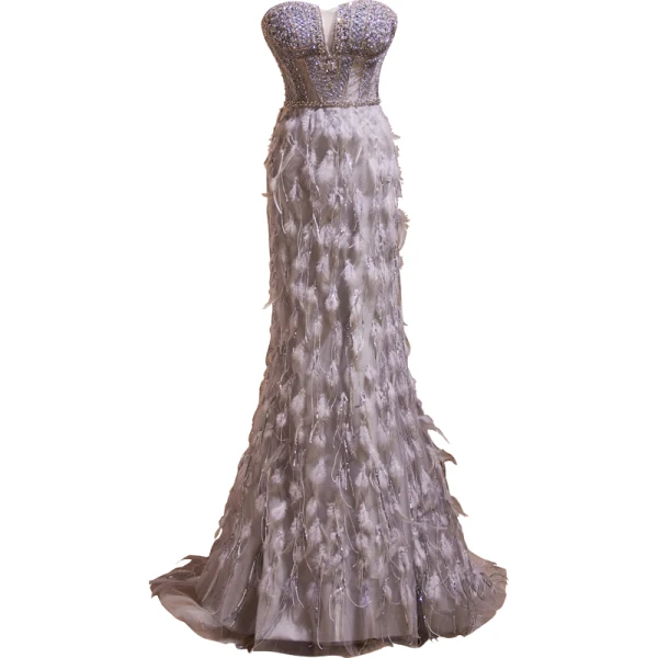 High-end Grey Handmade Beading Pearl Sequins Feather Evening Dresses 2024 Trumpet / Mermaid Strapless Sleeveless Backless Evening Party Floor-Length / Long Formal Dresses