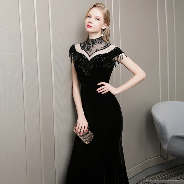 Chic / Beautiful Black Evening Dresses 2018 Trumpet / Mermaid Lace Handmade Tassel Beading High Neck Short Sleeve Court Train Formal Dresses