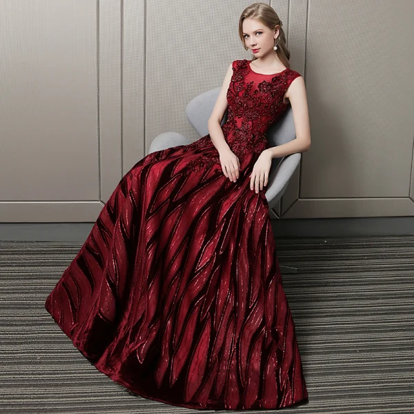 Chic / Beautiful Burgundy Evening Dresses 2018 A-Line / Princess Lace Flower Beading Crystal Scoop Neck Backless Sleeveless Floor-Length / Long Formal Dresses