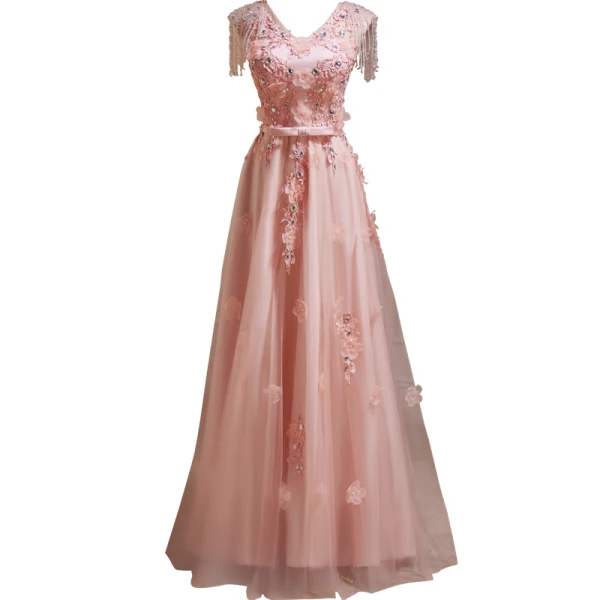 Chic / Beautiful Blushing Pink Beading Appliques Lace Flower Prom Dresses 2024 A-Line / Princess V-Neck Sleeveless Backless Floor-Length / Long Prom Formal Dresses