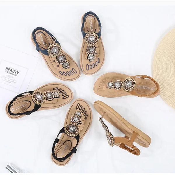 Bohême Noire Été Plage Pantoufle & Tongs 2020 Faux Diamant Peep Toes / Bout Ouvert Plate Chaussures Femmes
