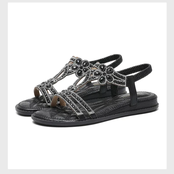 Bohemen Zilveren Zomer Straatkleding Rhinestone Pantoffel & Slippers 2020 Peep Toe Platte Damesschoenen