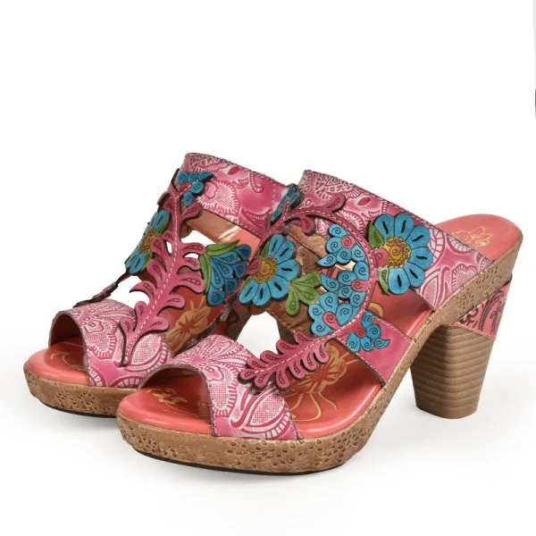 Chic / Beautiful Candy Pink Outdoor / Garden Leather Flower Womens Sandals 2020 8 cm Thick Heels Open / Peep Toe Sandals