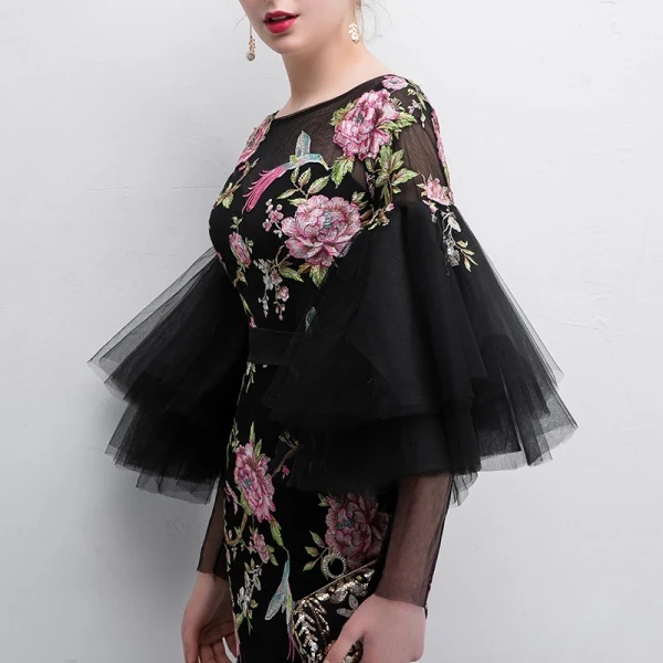 Chic / Beautiful Black Evening Dresses 2018 Trumpet / Mermaid Printing Scoop Neck 3/4 Sleeve Floor-Length / Long Formal Dresses
