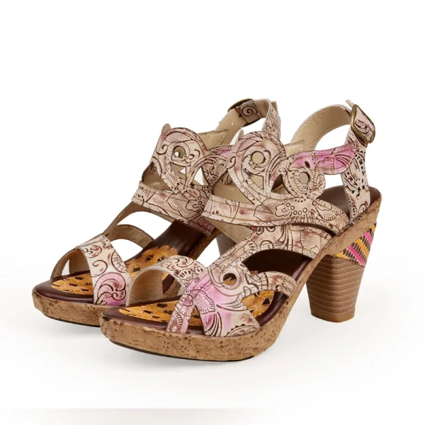 Chic / Beautiful Candy Pink Street Wear Leather Womens Sandals 2020 8 cm Thick Heels Platform Open / Peep Toe Sandals