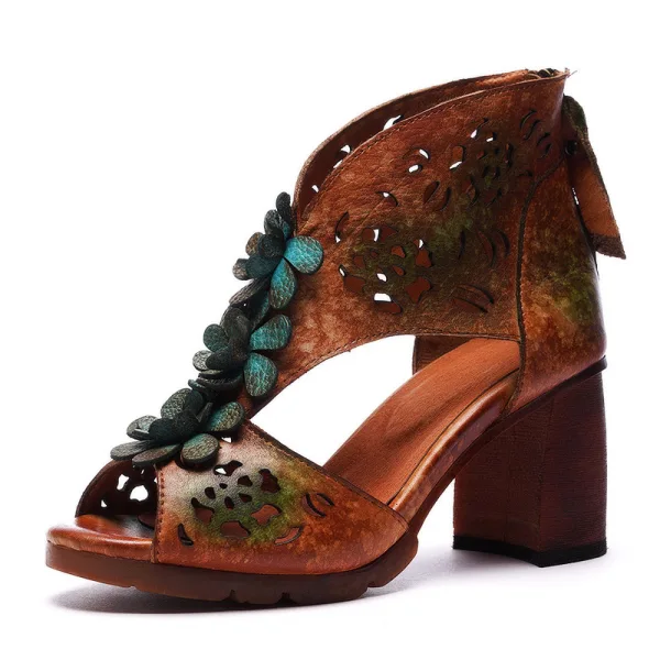 Traditional Brown Street Wear Womens Sandals 2020 Leather Flower 6 cm Thick Heels Open / Peep Toe Sandals