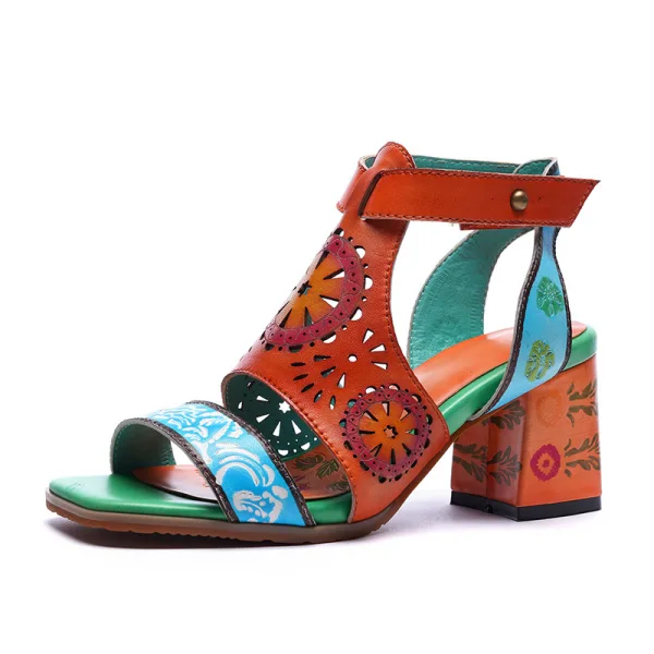 Traditionnel Orange Vêtement de rue Cuir Sandales Femme 2020 5 cm Talons Épais Peep Toes / Bout Ouvert Sandales