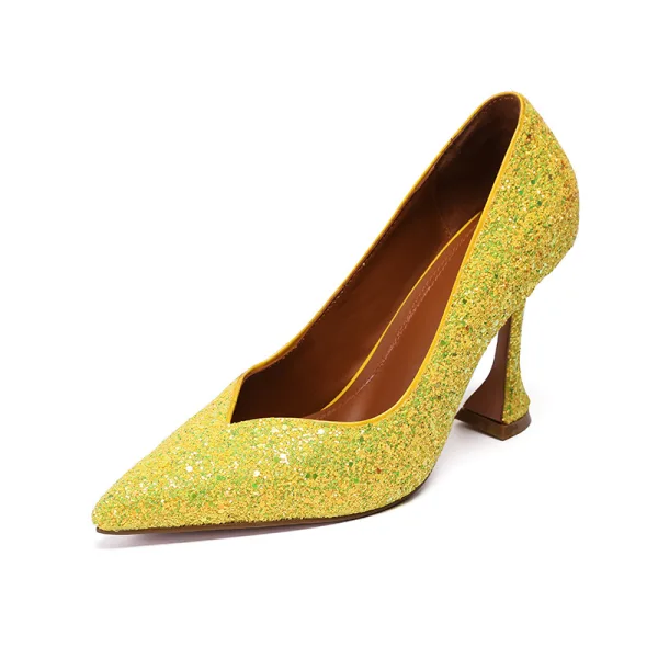 Glittrande Brun Afton Paljetter Pumps 2020 Läder 10 cm Stilettklackar Spetsiga Pumps