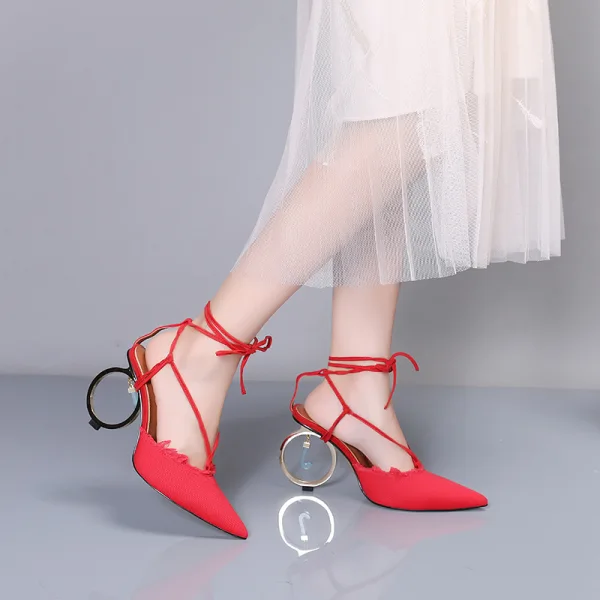 Chic / Beautiful Red Street Wear Womens Sandals 2020 Amazing / Unique Stiletto Heels 10 cm Ankle Strap Pointed Toe Sandals
